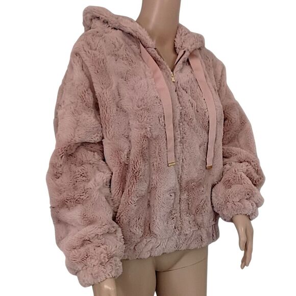 Express Faux Fur Jacket XS Blush Pink SOFT Textured Hoodie Y2K Mob Wife Glam - Picture 3 of 16